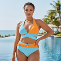 Light Blue & Orange Colorblock Swimsuit - Curvy Model